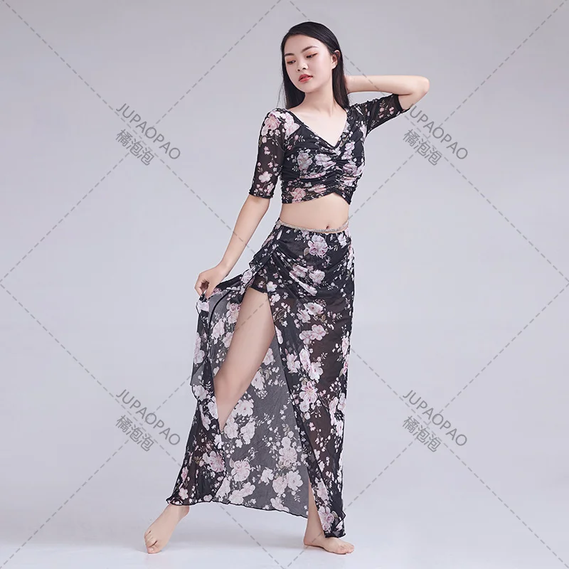 2023 New Spring/Summer Belly Dance Floral Print Training Suit, Large Size Slim Oriental Dance Show Clothes