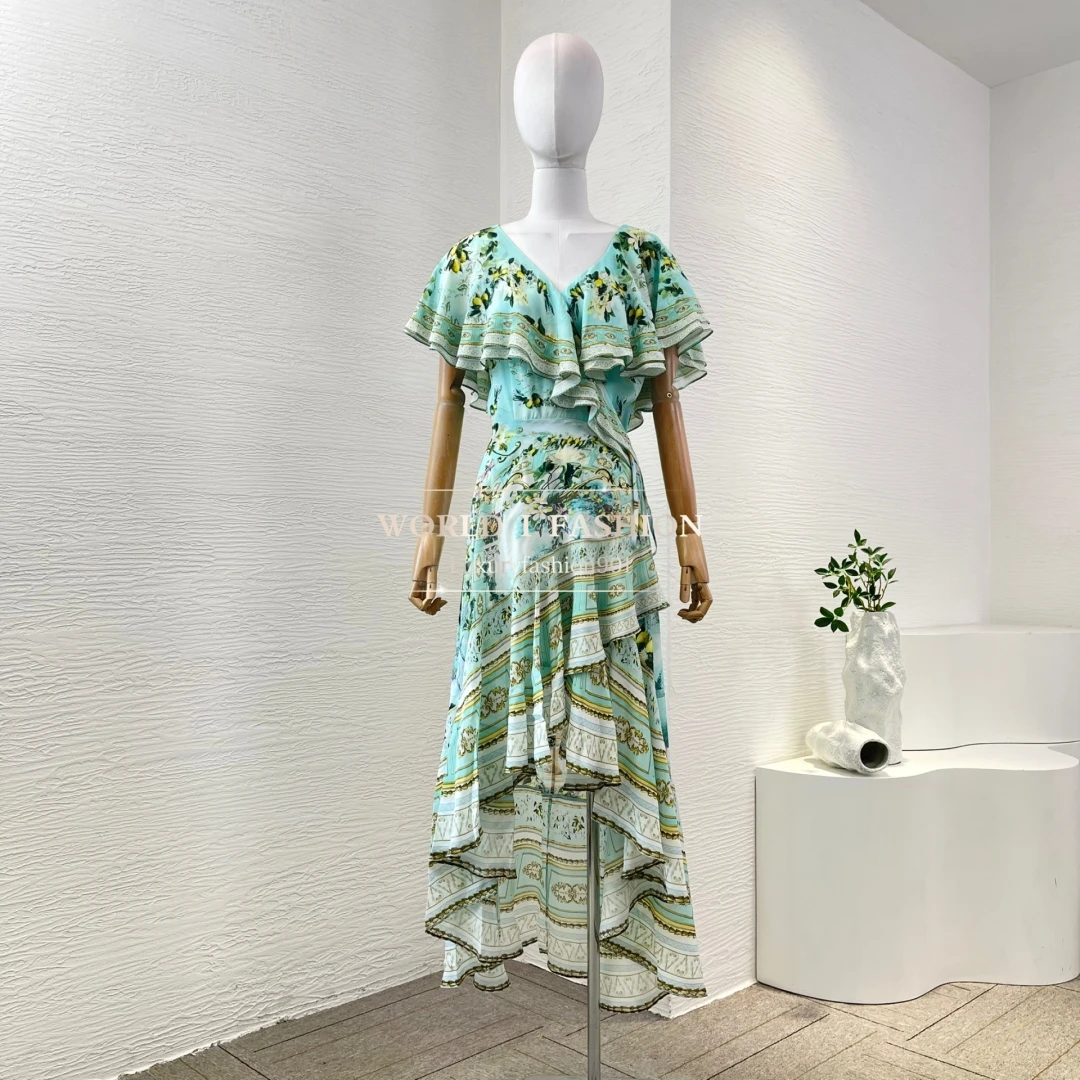 

2025 High Quality Silk Green Floral Print Short Sleeve Irregular Hem Midi Wrap Dress