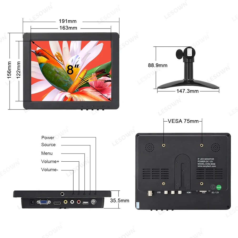 LESOWN IPS LCD Small Screen 8 inch 1024x768 CCTV Security Monitor with VGA HDMI USB BNC AV Speakers Widescreen Display for PC