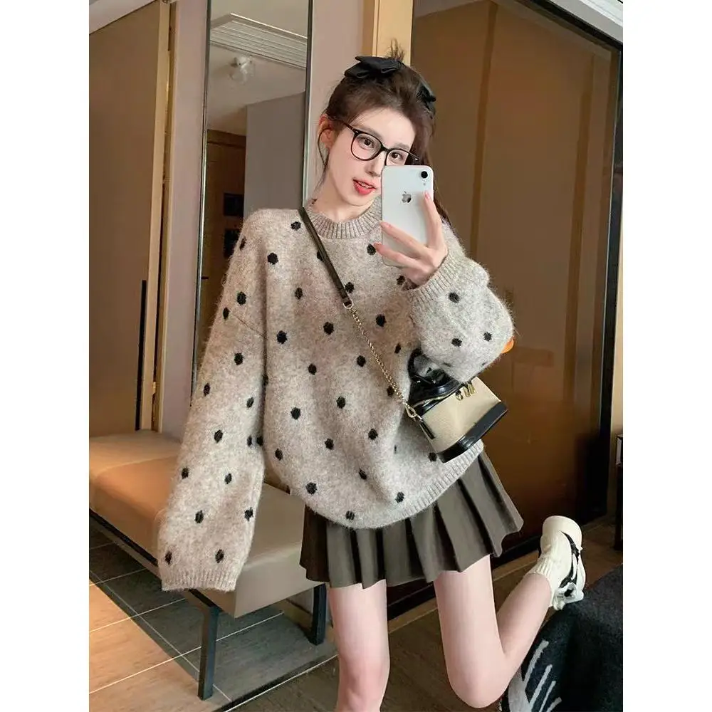 

Хаки в горошек, повседневный женский трикотаж большого размера Thiened, новинка 2025, осень-зима, свободный крой, ленивый свитер для внутренней одежды