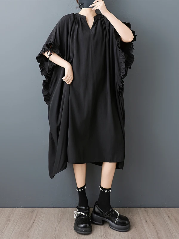 Sommer Neue plus Größe Lose V-Ne Batwing Sve Dr Abnehmen Bauch Bedecken Personali Lange Dr Casual Sle Midi Rock