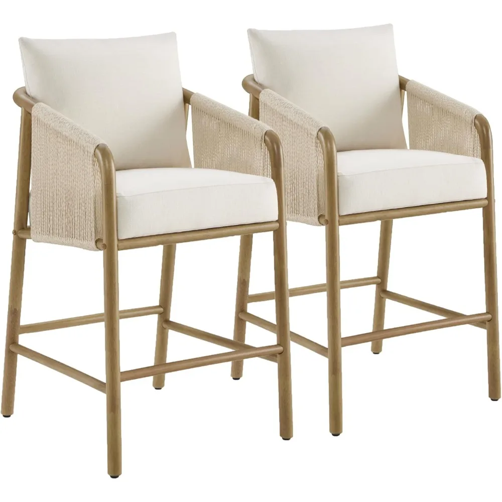 

CHITA Paper Cord Braid Counter Height Barstools Set of 2, Fabric Upholstered Woven Rope Counter Stools with Back and Armrest
