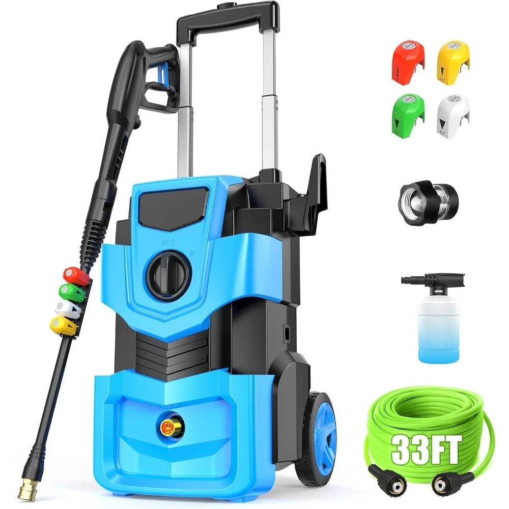 Pressure Cleaner with 33FT Flexible Extension Hose + 34FT Power Cord, 4 Nozzles, Foam Cannon, Best Power Cleaner for Cars, Patio