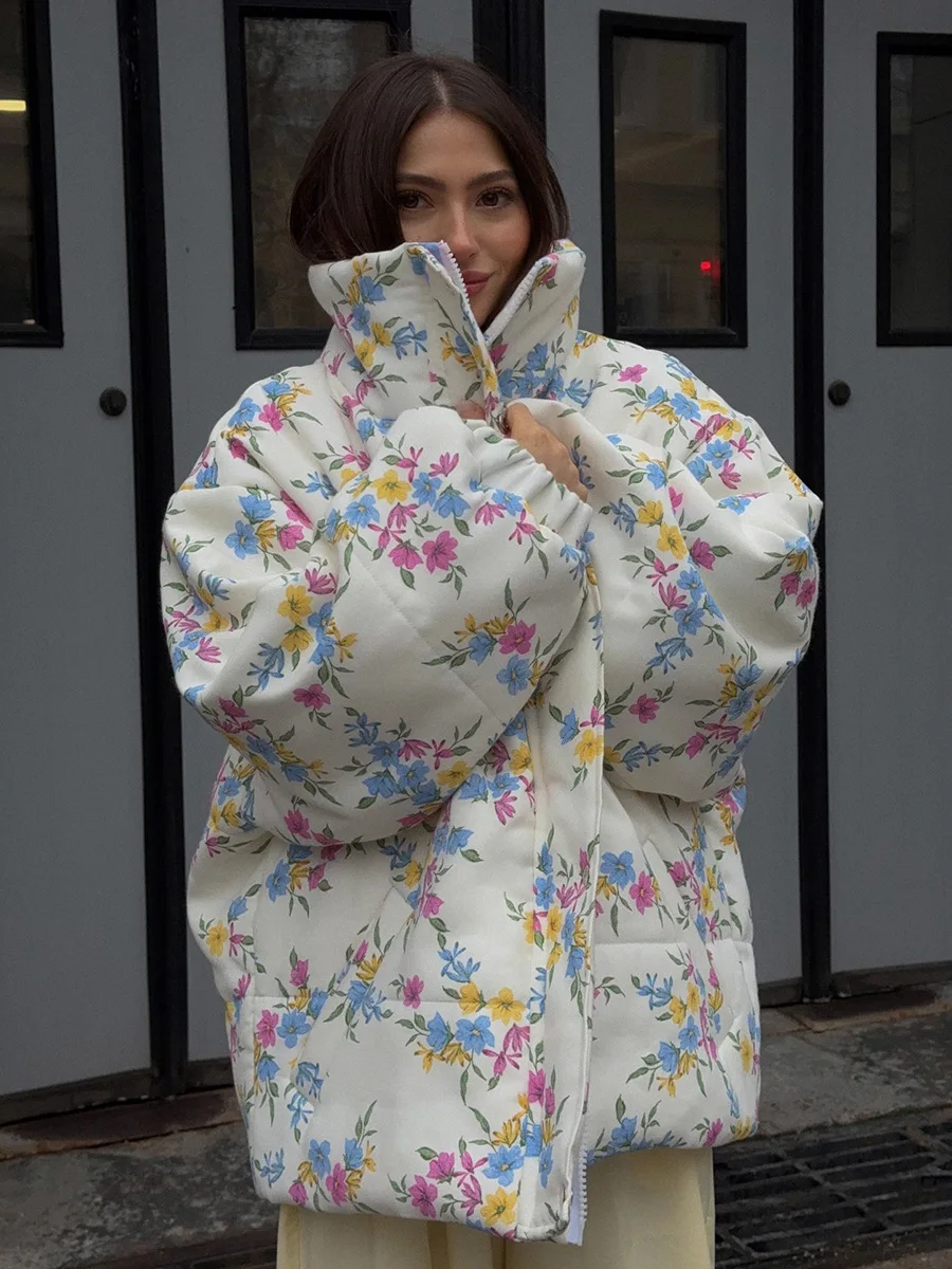 Bornladies nueva chaqueta acolchada para mujer cuello levantado cierre de cremallera estampado Floral abrigo relleno de algodón cálido de gran tamaño Otoño Invierno