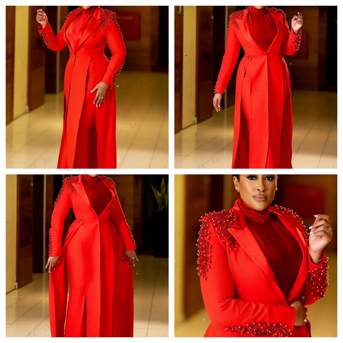 

Luxury Women Suits 2 Pieces One Button Long Blazer Pants Peaked Lapel Pearls Diamonds Plus Size Custom Made Mother Of The Bride