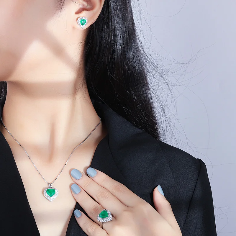 brand genuine Luxury real jewels Imitation Palaiba Necklace Ring Three Piece of Colorful Treasure Set with Diamond Emerald Love