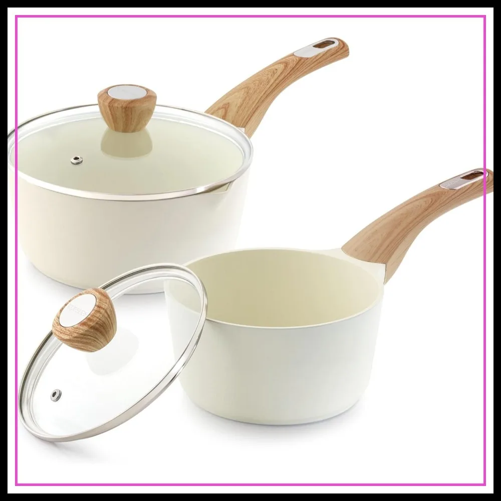 

1.5 & 2.5 Quart Ceramic Sauce Pan Set with Lids, Nonstick Pour Spout Pots, Induction Compatible, PFOA/PTFE/PFAS Free