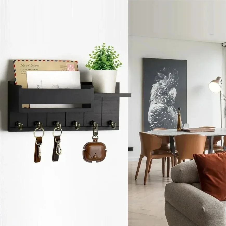 E9 Rustic Wood Key Holder with Shelf Wall Mounted Decorative Key Rack And Mail Organizer 6 Key Hooks for Living Room Entrance
