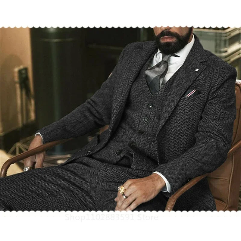 

3 Piece(Jacket +Vest +Pants) Gray Wool Tweed Winter Men Suit's For Wedding Herringbone Male Formal Groom Tuxedo Fashion
