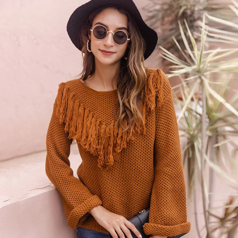 Women Knit Pullover Sweaters Tassel Spliced Thick Flare Sleeve Sweater Casual Straight Solid Tops Knitted Outwear Autumn