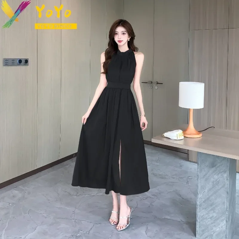 Formal Office O-neck Sleeveless Ankle A-line Lace-up Dress Autumn/Winter 2024 Elegant Temperament Slim Fit Party Luxury Dress