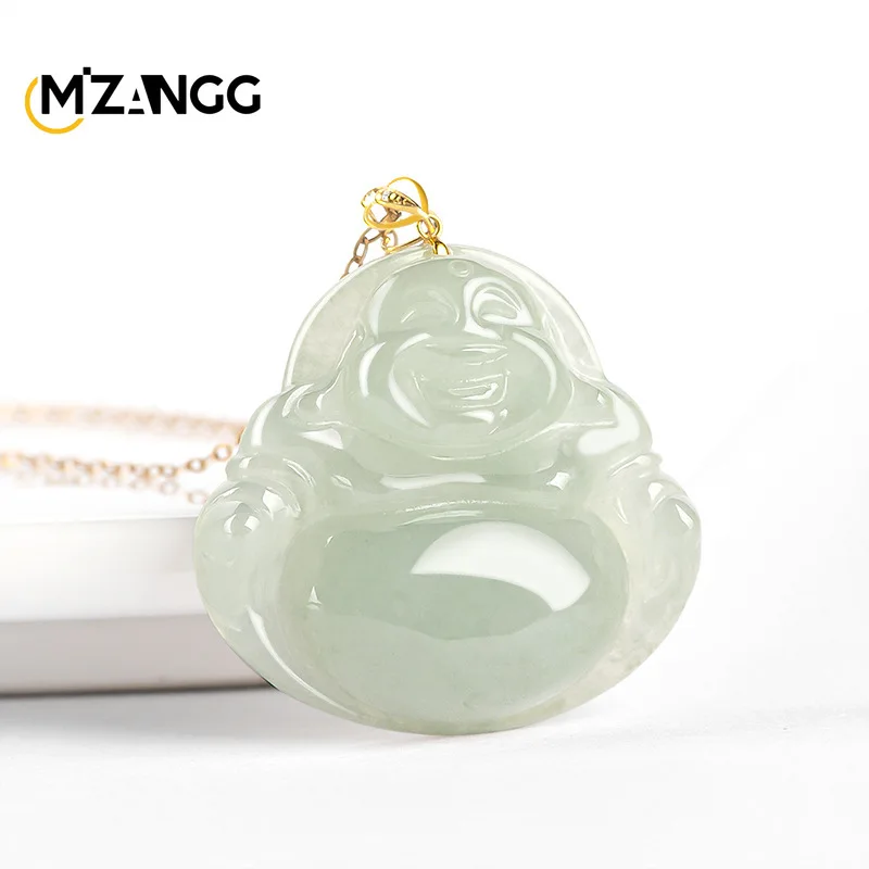 Natural Myanmar Jadeite Maitreya Buddha Pendant 18K Gold Inlaid with Ice Jade Necklace Women's Collarbone Chain Holiday Gift