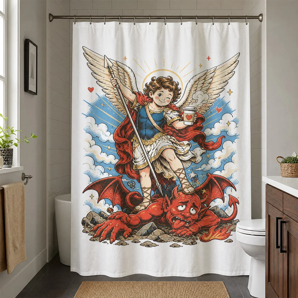Waterproof Shower Curtain Liner Angel Devil Artwork Print Cartoon Illustration Bathroom Decor Novelty Tapestry Shower Curtain fo