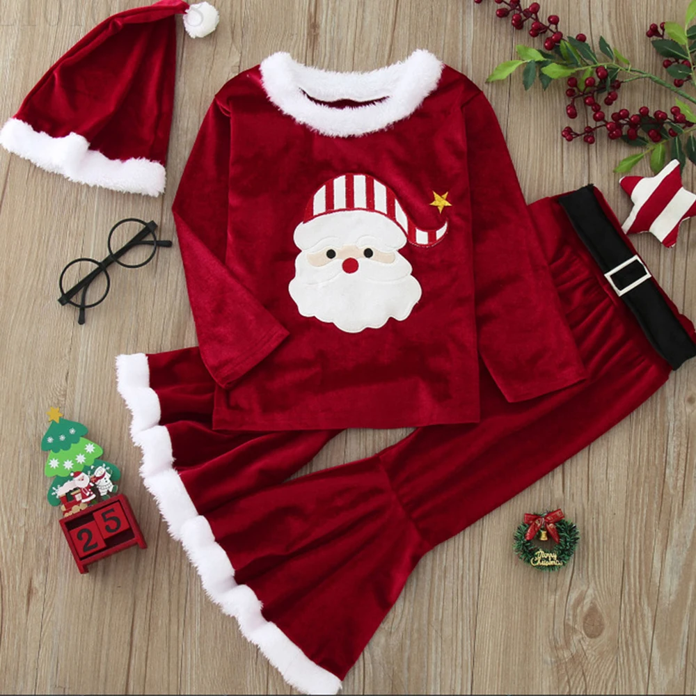 

Toddler Baby Girls Christmas Costume New Year Kids Clothes Sets Long Sleeve Top Bell Bottom Pants 3PCS Santa Claus Outfits