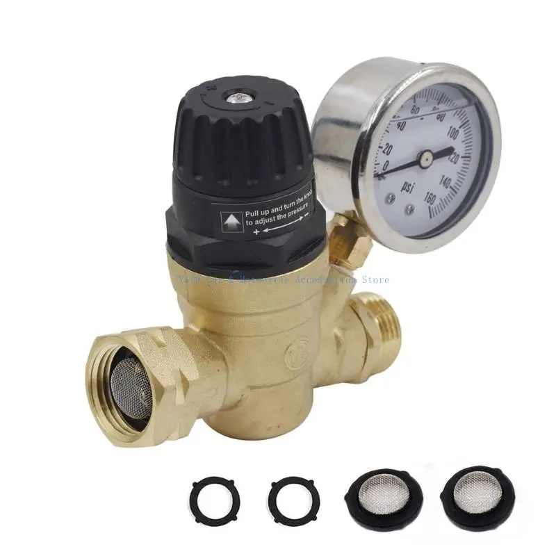 L5BC Water Pressure Reducer RVs Water Pressure Regulator Valves with Gauges 160PSI Inlet Screened Filters Handle Adjustable