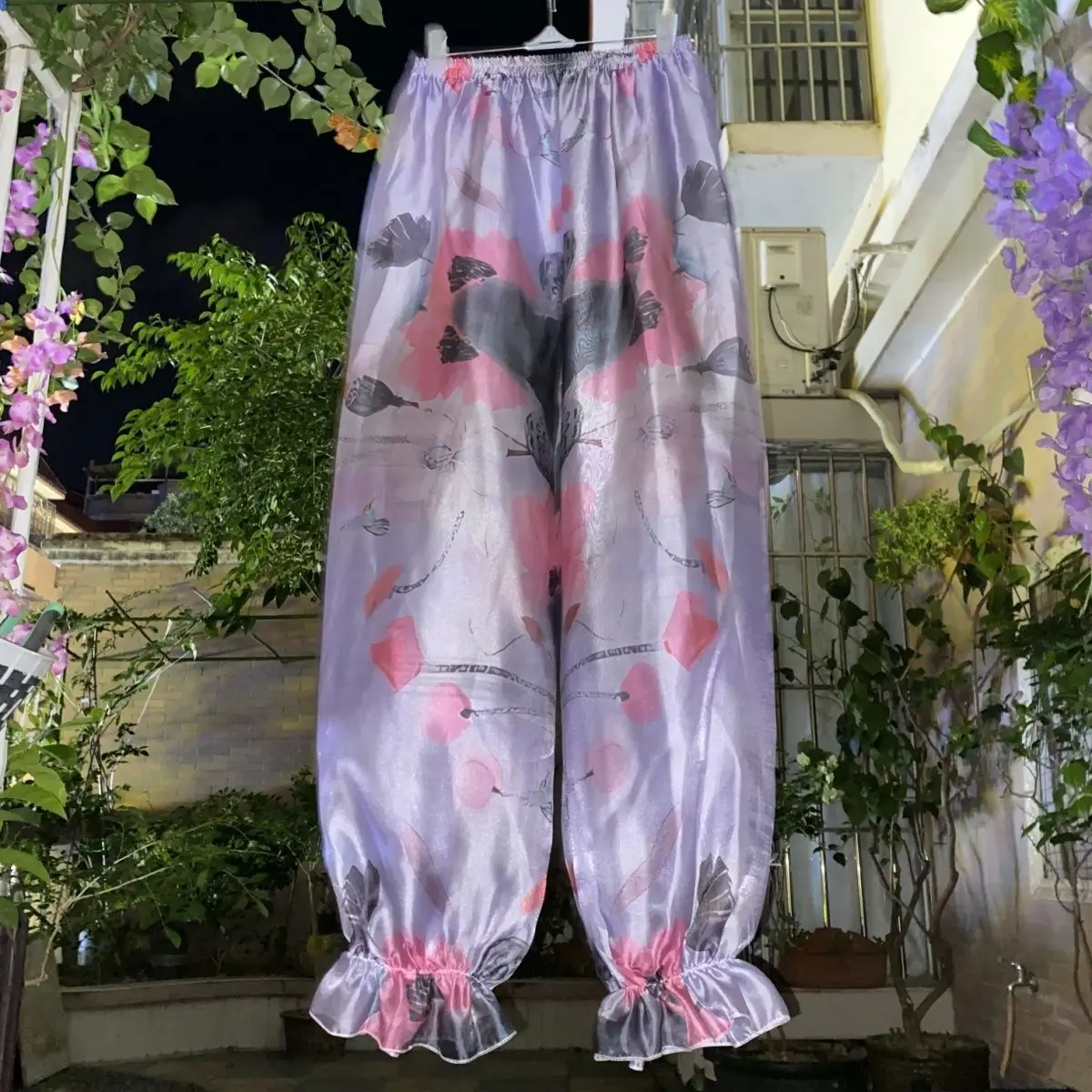 남성 꽃 프린트 광택 부드러운 실키 터치 파자마 바지 여성 랜턴 슬리핑 바지 플러스 사이즈 바지
