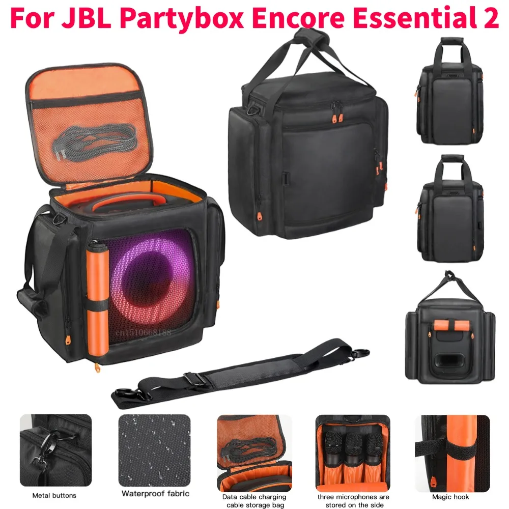 For JBL Partybox Encore Essential 2 Portable Speaker Dust Case Large Capacity Speaker Carry Bag with Mic Pocket Waterproof