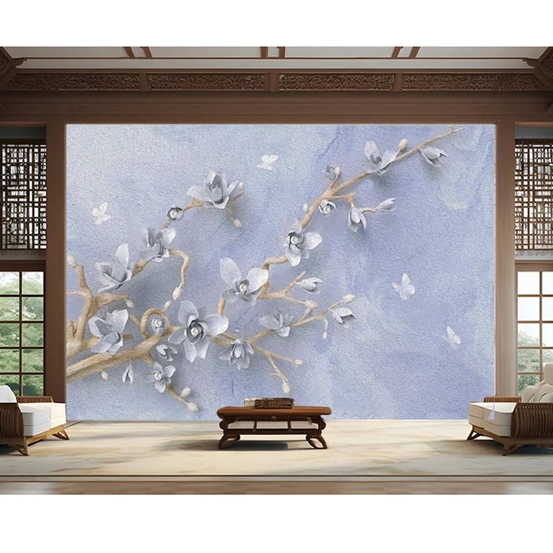 Modern Minimalist And Elegant Oil Painting Three-Dimensional Floral Background Wall With A Classic Blue And Romantic Theme