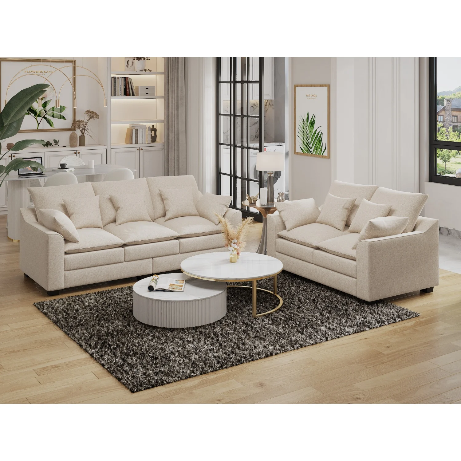 

3-Seater Sofa & Loveseat Set with Duck Down Filled Cushions & Pillows, Polyester Upholstered - Beige