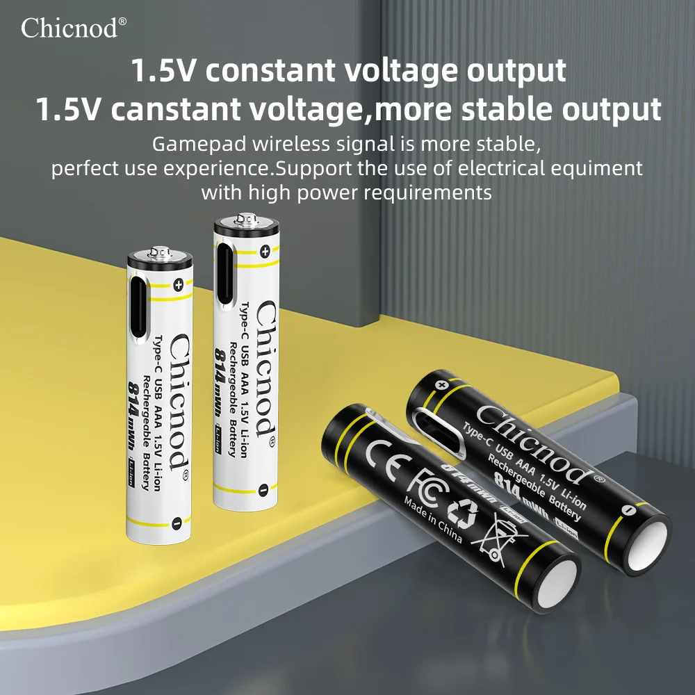 CHICNOD Fast Charging 1.5V AAA Lithium ion Battery 814mWh USB Rechargeable Lithium Battery for Toy Keyboard+Type-C Charging Cabl