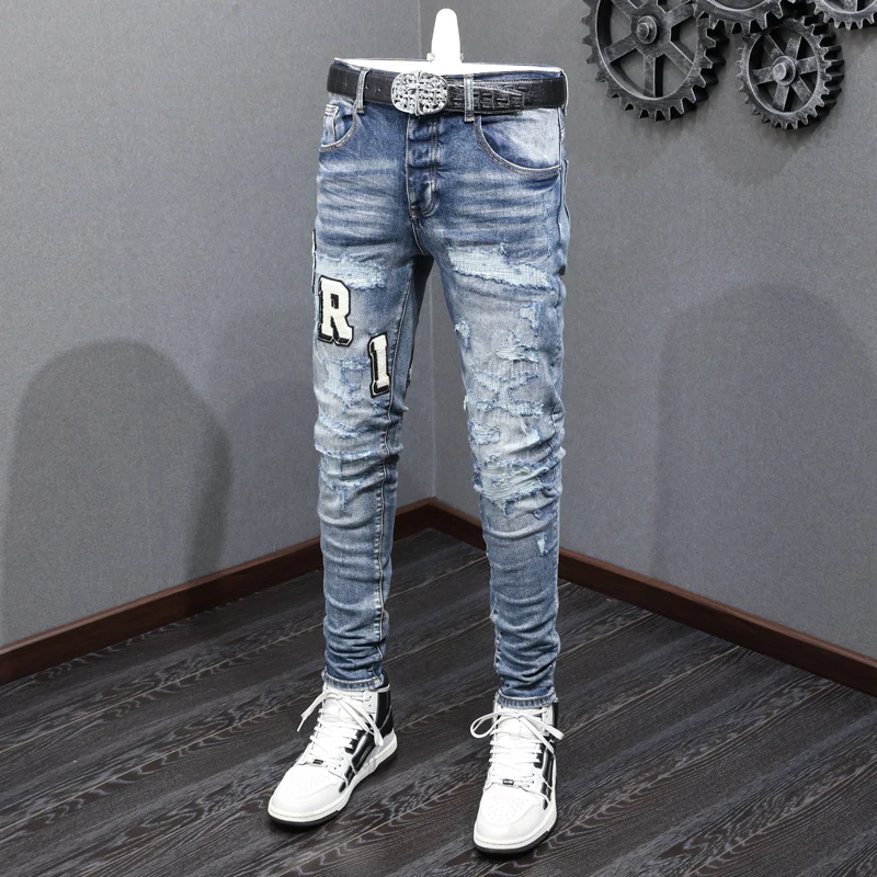 Designer street fashion men's jeans with elastic tight fit washed blue embroidery men's jeans hip-hop style pants hombre