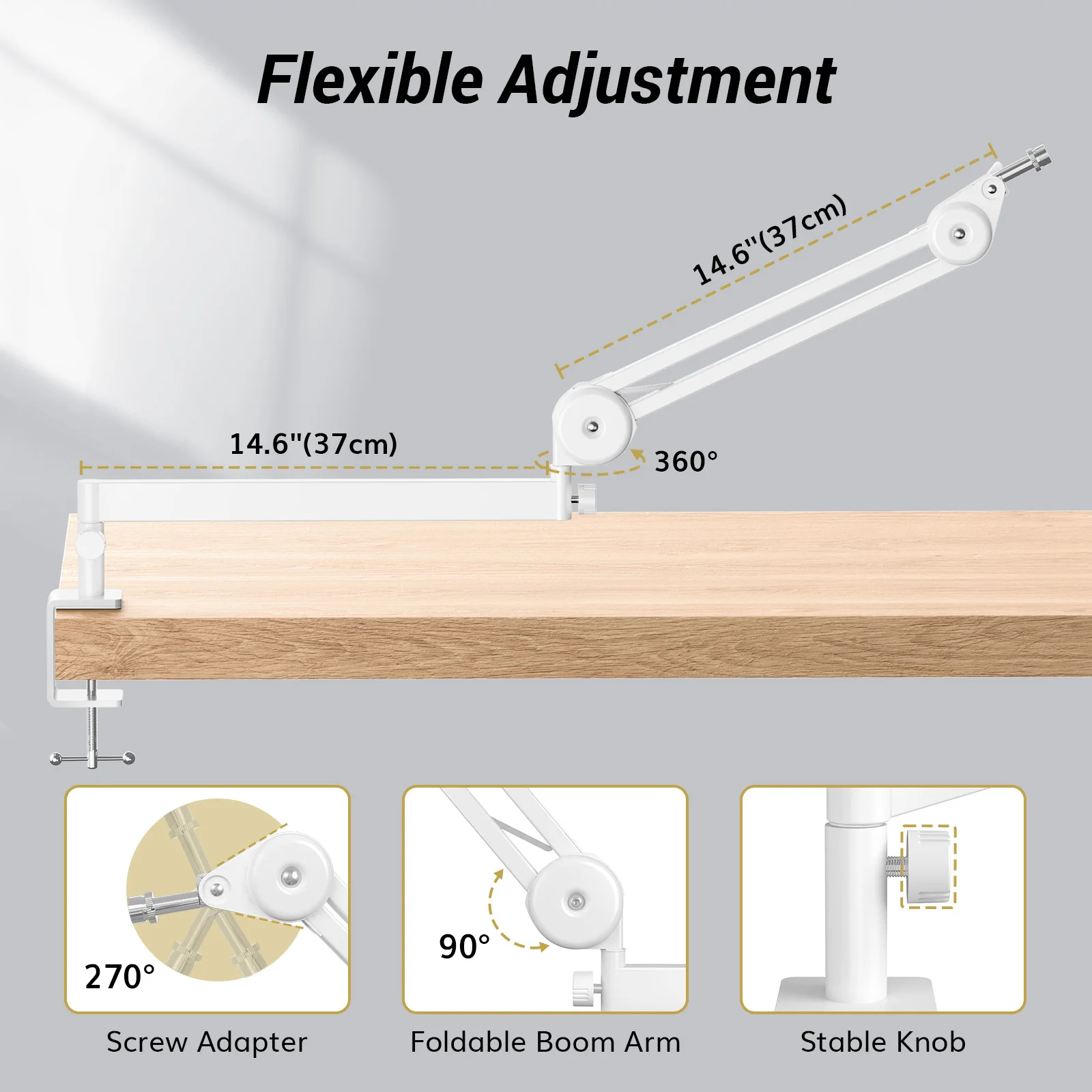 ذراع بوم الميكروفون، ذراع ميكروفون منخفض المستوى، حامل ميكروفون قابل للتعديل بالكامل مع مشبك تثبيت على المكتب، محول لولبي، إدارة الكابلات #5