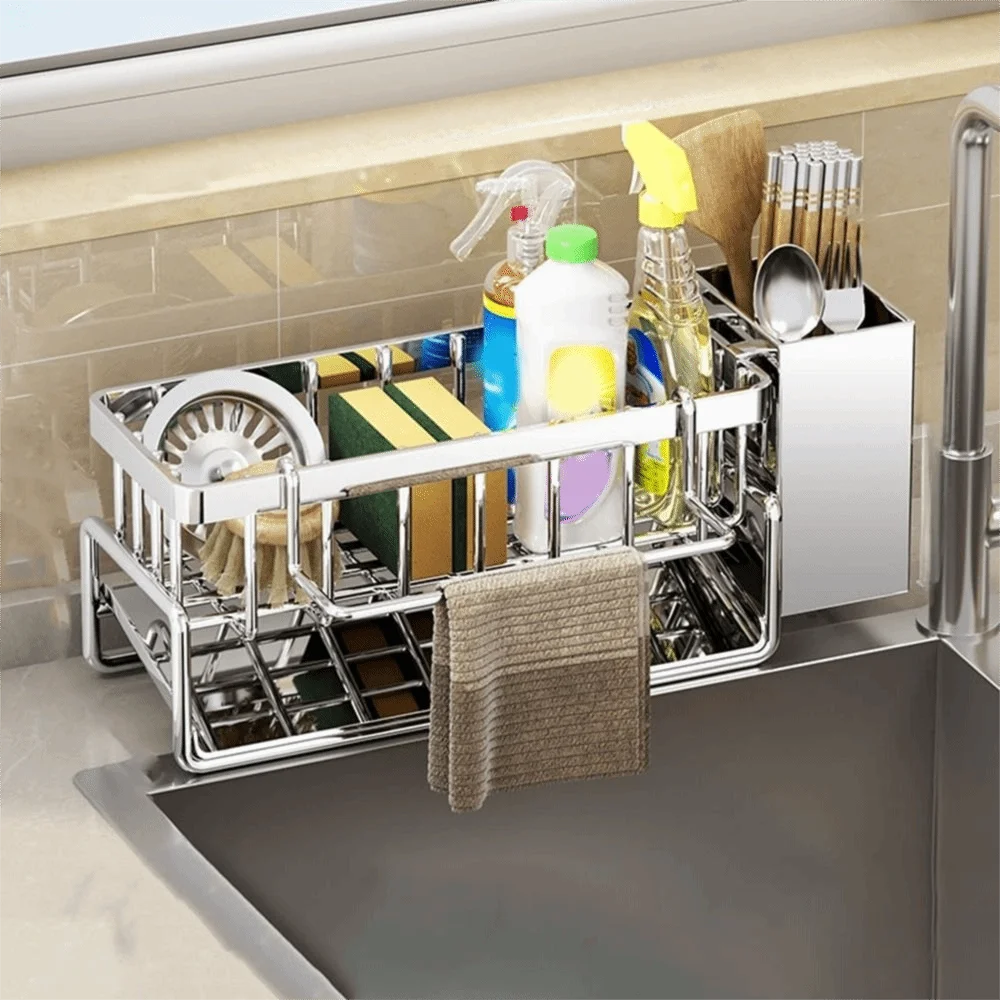 

Stainless Steel Sink Drain Rack Large Capacity Rust-Resistant Sponge Holder Self-Draining Dishcloth Rack for Home