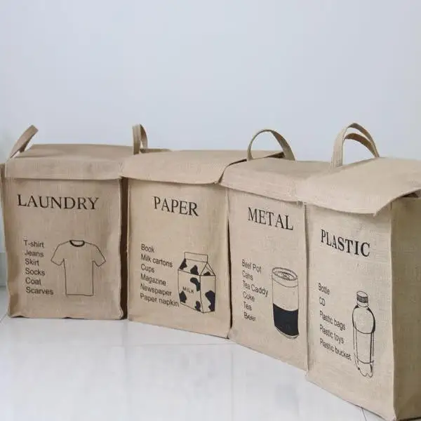 

Natural Jute Laundry Hamper Storage Box Fabric Bag with Magic Tape Connection Home Organization Basket Dirt Clothes Storage
