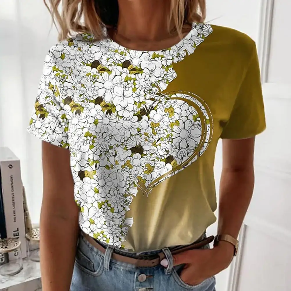 Crew Neck Short Sleeve Girls T-shirt Shink Resistant Floral Heart Print Lady Top Streetwear