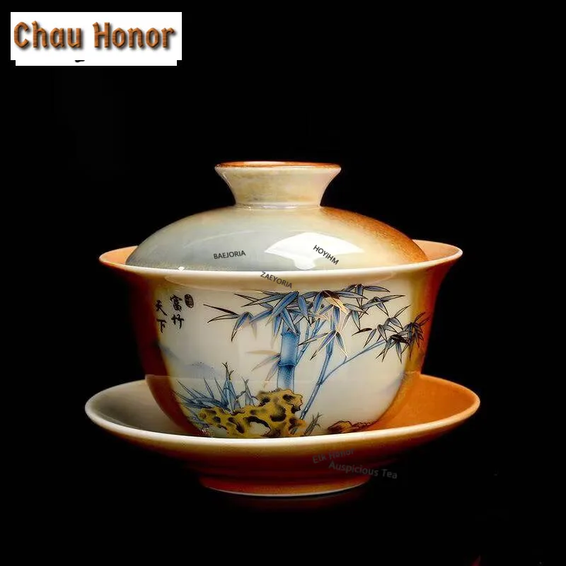 150ml Retro Wood-fired Porcelain Gaiwan Creative Hand Painted Bamboo Tea Tureen Tea Brewing Cover Bowl Chinese Tea Set Ornaments
