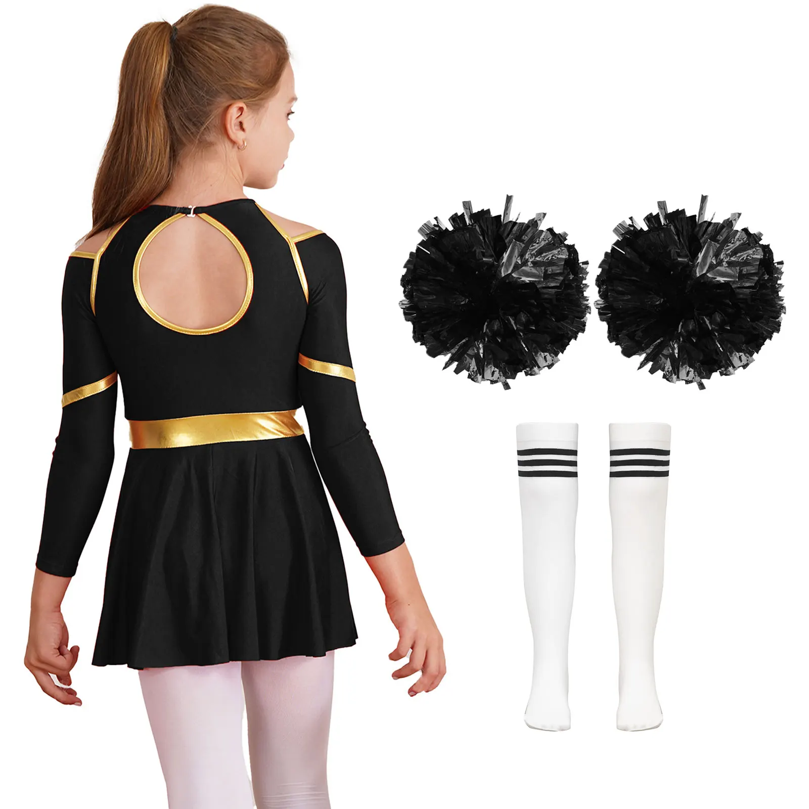 Long Sleeve Dance Costume Girls Cheerleading Uniform Kids Cheerleader Outfit Contrast Color Letter Print Dress Pompoms Sets