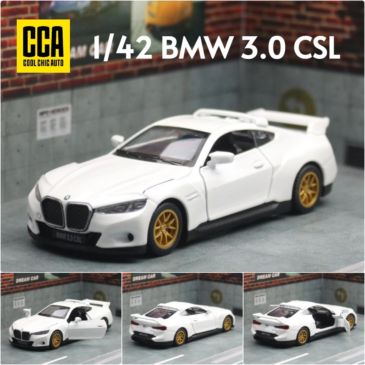 1/42 BMW 3.0 CSL Racing Toy Car Model CCA Diecast Metal Miniature Pull Back Doors Openable Collection Gift For Children Boys Kid