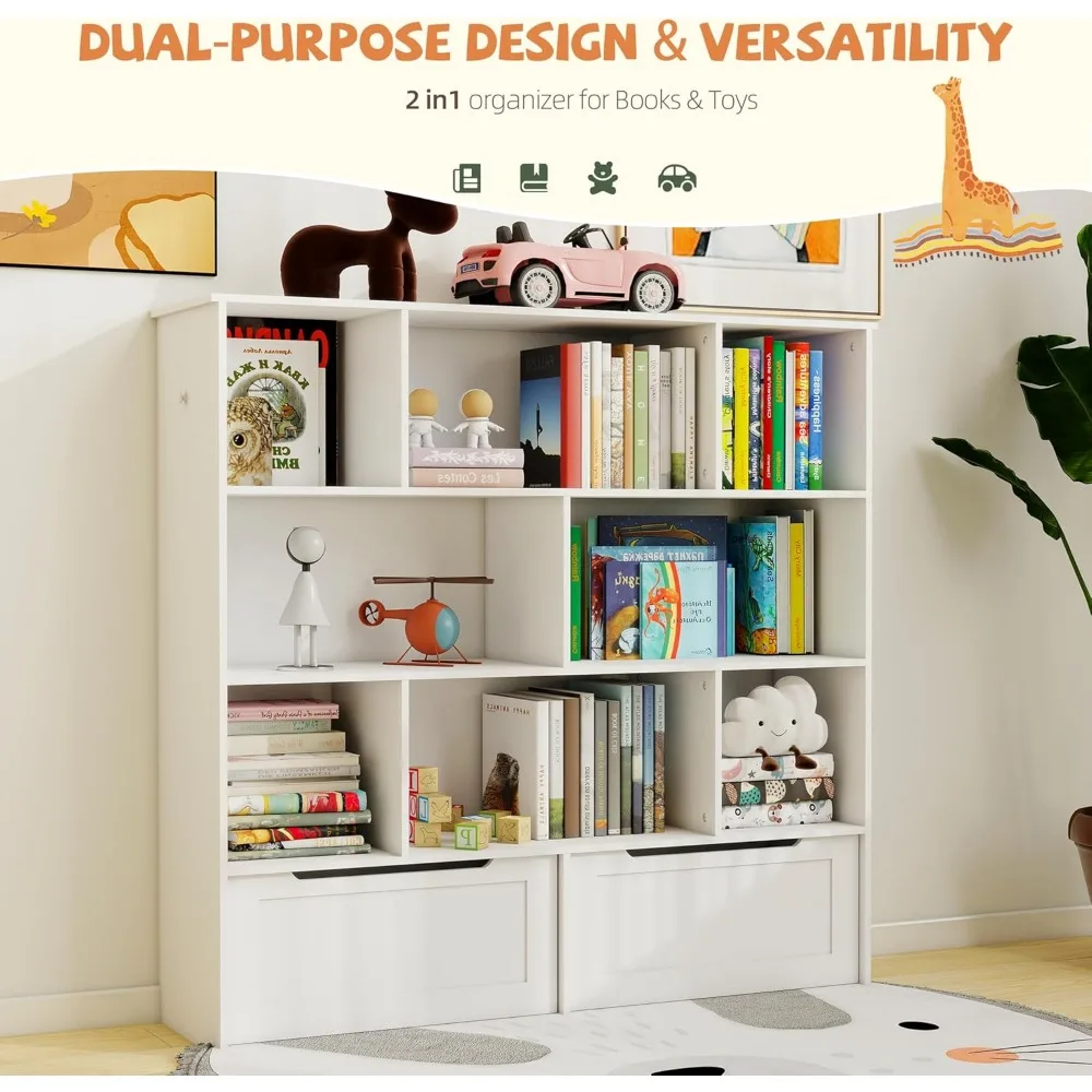 منظم تخزين ألعاب الأطفال مع درجين، ورف كتب للأطفال وخزانة تخزين، مثالي لتنظيم الألعاب والكتب