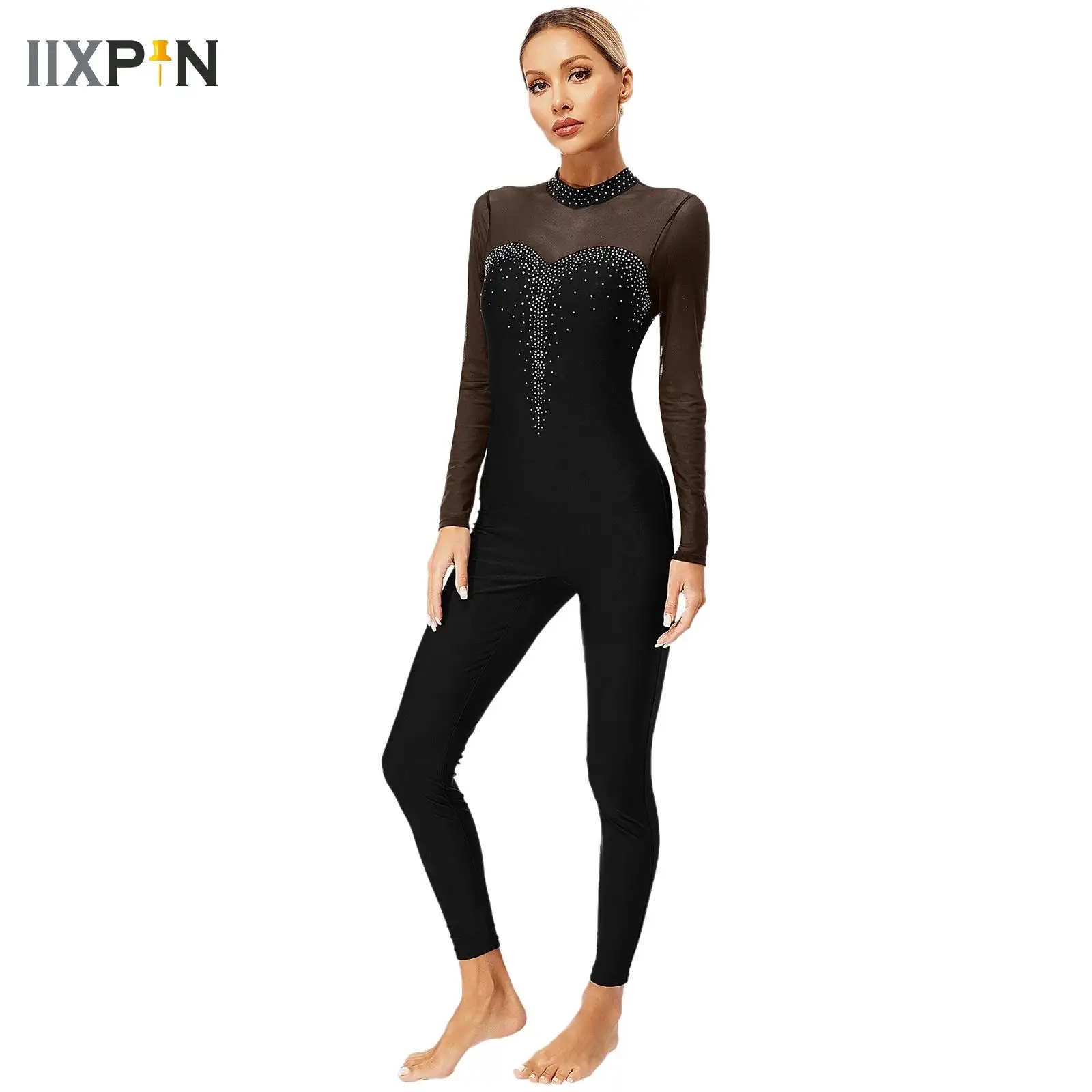 

Womens Full Body Gymnastics Bodysuit Jersey Rhinestone Sheer Mesh Figure Skating Jumpsuit Ballet Performance Dance Clothes