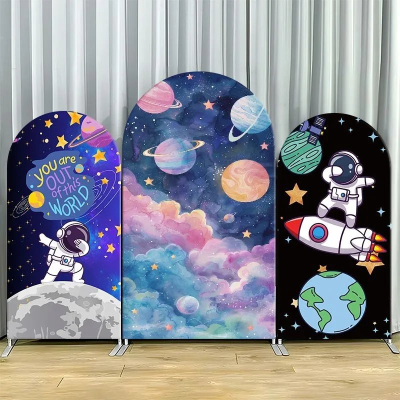 

Single Side Arch Backdrop Cover Cosmic Adventure Space Background Panels Featuring Astronauts Planets and Starry Skies
