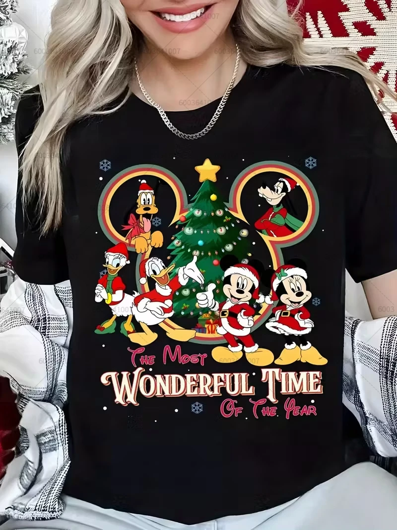 MINISO Disney Mickey Minnie Mouse Christmas Women's Men T Shirt O-Neck Tee Unisex Clothing Short Sleeve Oversized Streetwear