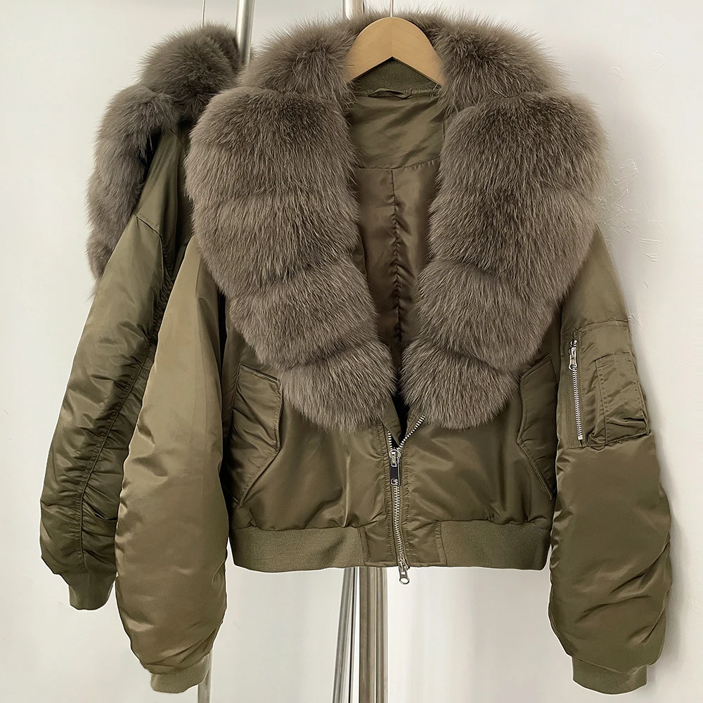 OFTBUY 모피 코트 여성용 화이트 덕 다운 재킷 숏 파카 신상 가을 겨울 빅 리얼 퍼 천연 여우털 코트 깃털 여성용