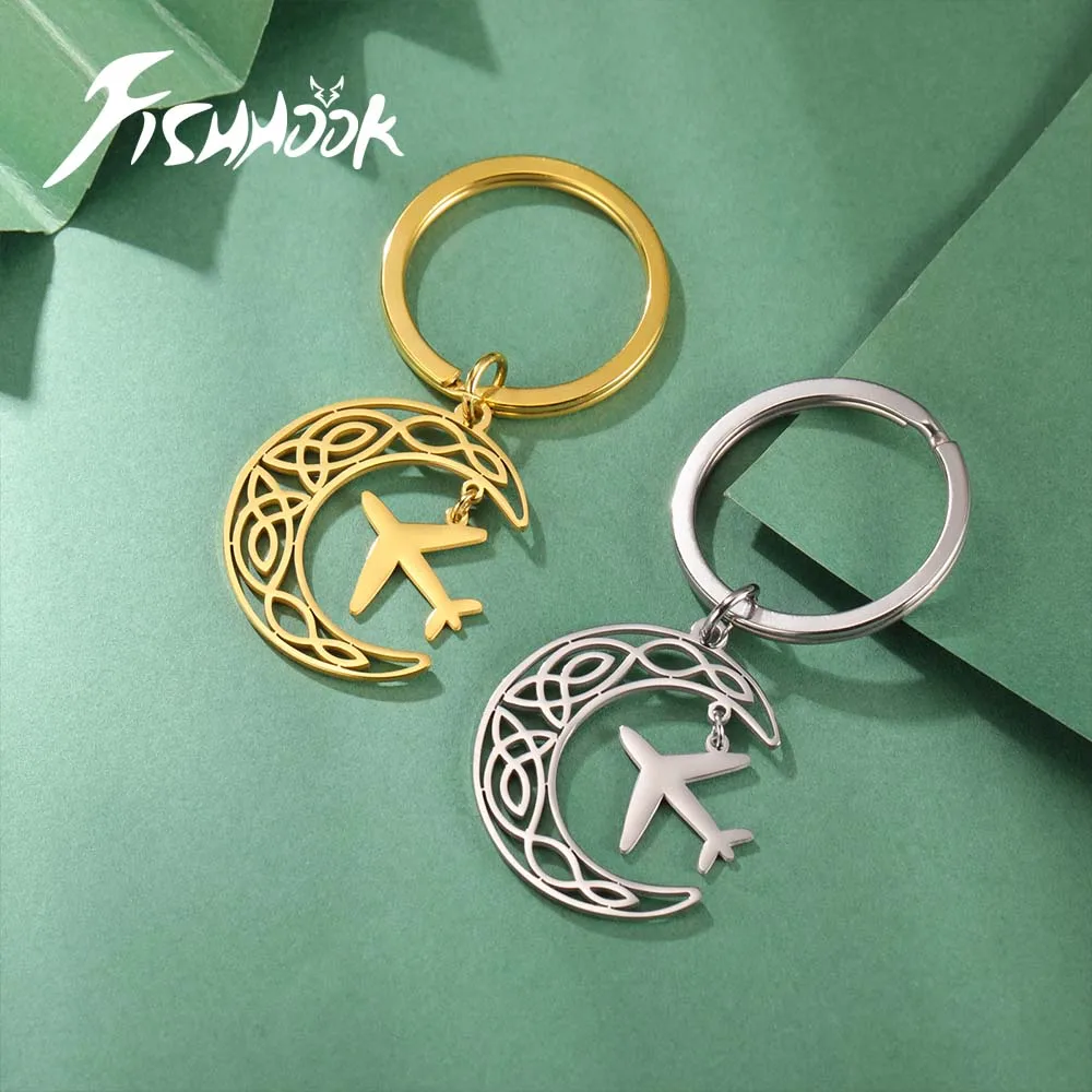 Fishhook Mond Flugzeug Schlüssel bund übernat ürlich sicher Amulett keltischen Knoten Geschenk für Frau Männer Schlüssel anhänger Ring Edelstahl Schmuck