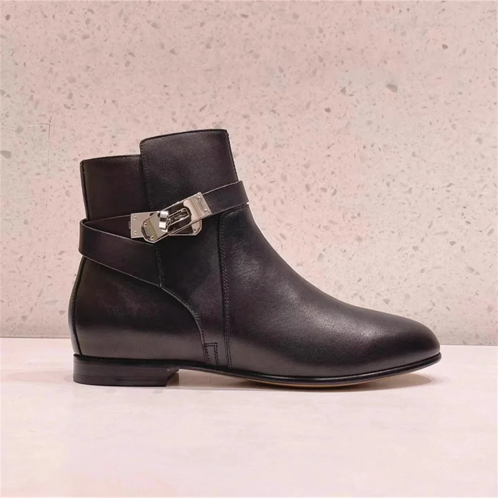 

Thick Heel Pointy Chelsea Boots 2024 Autumn Winter Black Brown Genuine Leather Ankle Boots Retro Metal Buckle Short Boots Women