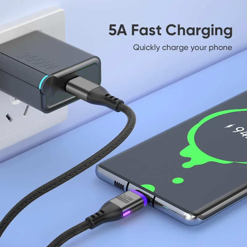 PD 240W Magnetic USB C Cable Micro Type C 5A Fast Charging Data Cord for Macbook iPad iPhone 16 15 Xiaomi 14 Realme
