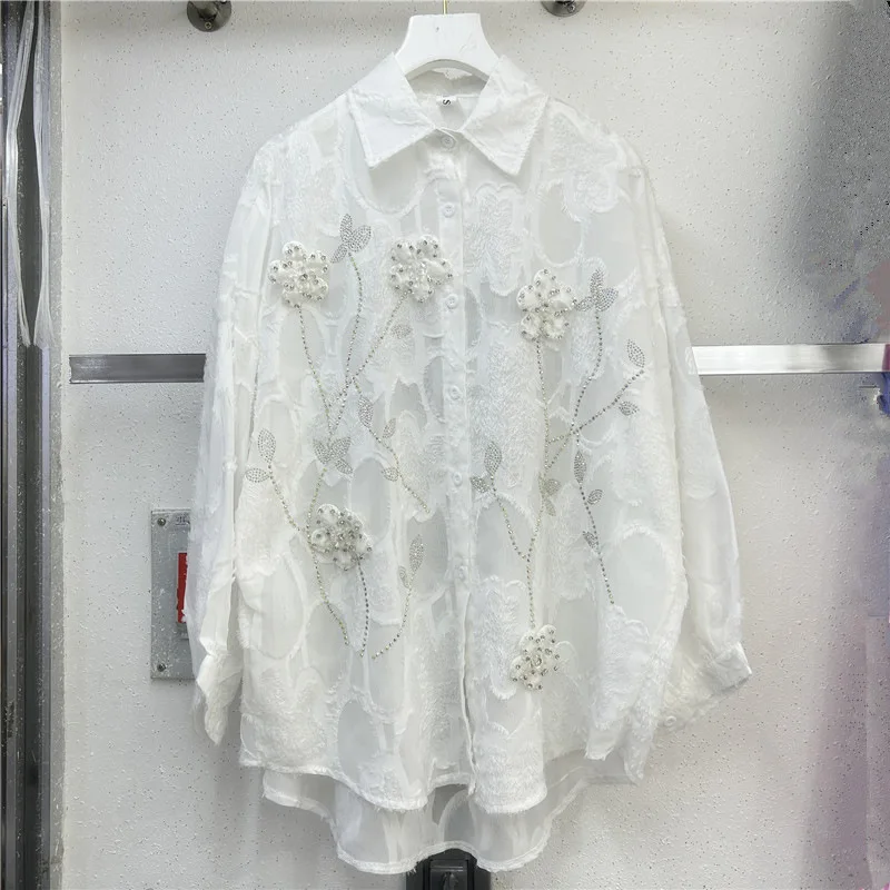 Women's Spring Autumn Shirt Chiffon Blouse Jacket Diamond Embroidery Flower Outfit Design Soft Brand Simple Fashion Comfortable