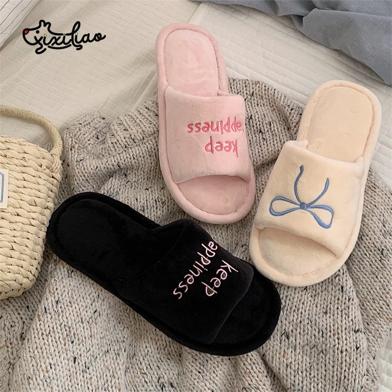 XIXITIAO Women's Home Slippers New Bow Embroidery Comfort Plush Casual Indoor Anti Slip Open-toe Floor Shoes, Ladies Flat Shoes view 2