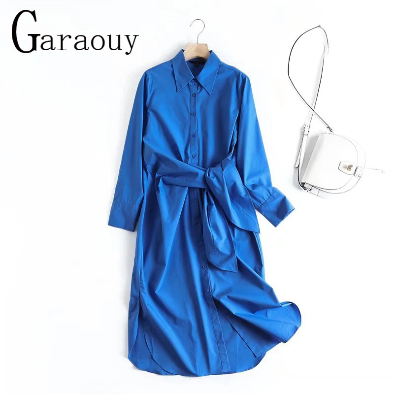 Garaouy 2022 Spring Fashion Women Blue Shirt Dress With Slash Vintage Long Sleeve Office Ladies Midi Dress Sundress Robe Mujer