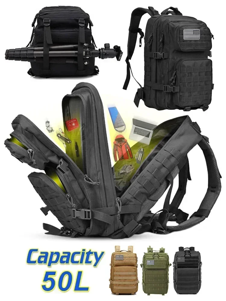 

50L Army Military Tactical Backpack Men's Travel Large Capacity Rucksacks Men Waterproof Outdoor Sports Multi-functional Bags