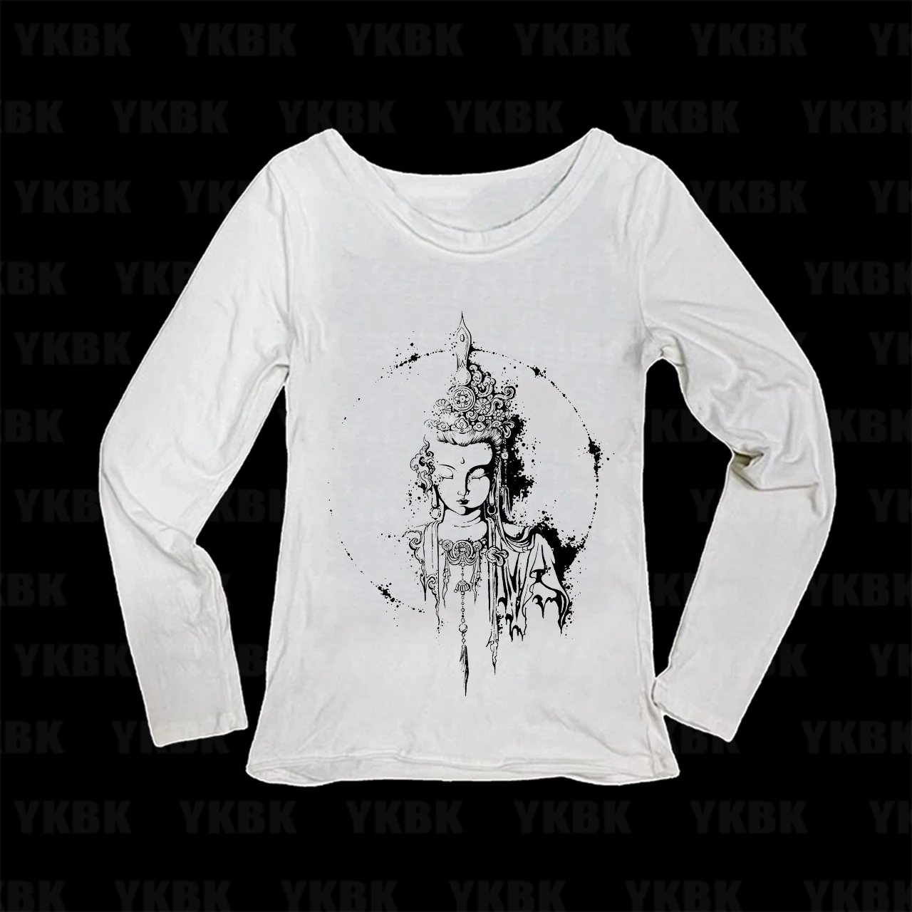 Y2K Alt Women Long Sleeve Top Buddha Guanyin Ink Splash Graphic Print Slim Fit Casual Cropped Long Sleeve Tee T-Shirt