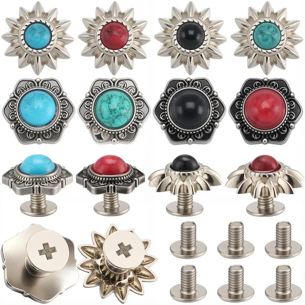 24 Sets 8 Styles Western Screw Back Buttons 13mm Conchos Turquoise Cowboy Vintage Flower Decorative Leather Buckles Natural