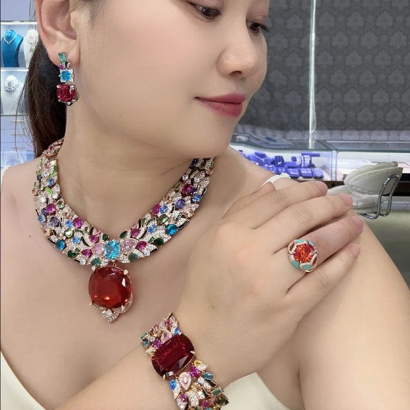 Designer Collection Style Earrings Bracelet Necklace Inlay Colored Cubic Zircon Synthetic Ruby Colorful Party Jewelry Sets
