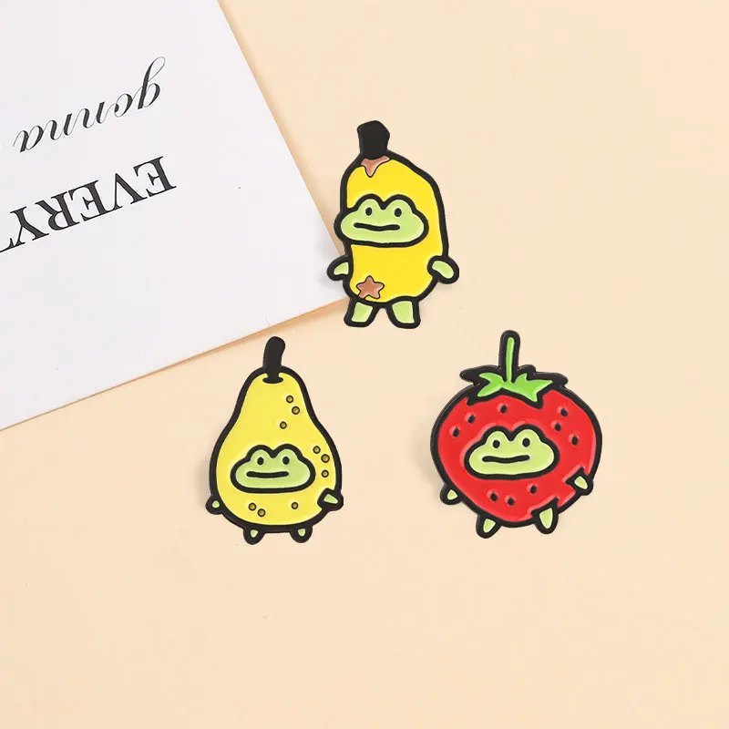 Niedliche Frucht-Frosch-Erdbeer-Bananen-Birnen-Emaille-Abzeichen Lustige Tier-Cartoon-Pins Broschen Anstecknadel-Set Geschenk für Freunde – Detail 5