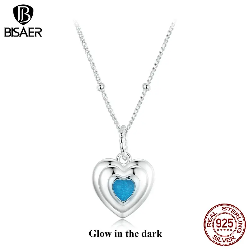 BISAER 100% 925 Sterling Silver Blue Luminous Heart Pendant Necklace Plated White Gold Fine Jewelry for Women Party EFN375