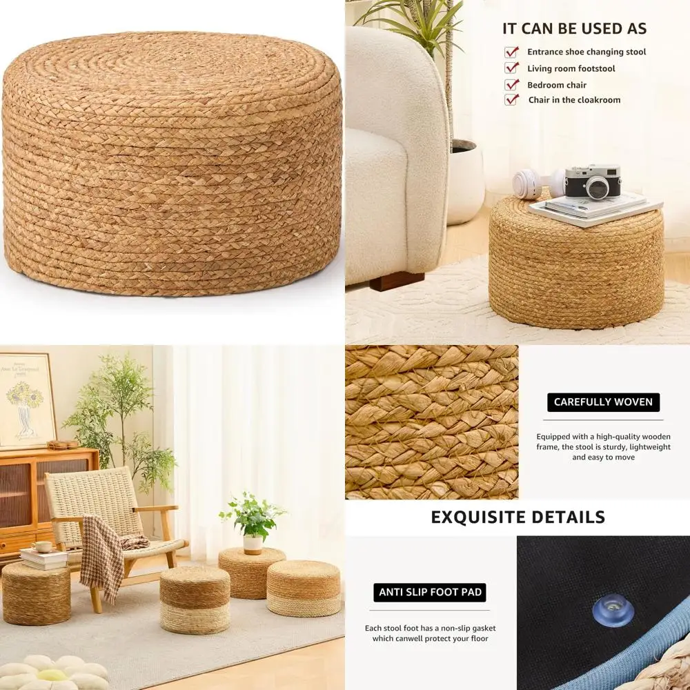 

Натуральный круглый пуфик ручной вязки, пуф с подставкой для ног в богемном стиле в деревенском стиле, табурет для отдыха, акцентный стол или сиденье